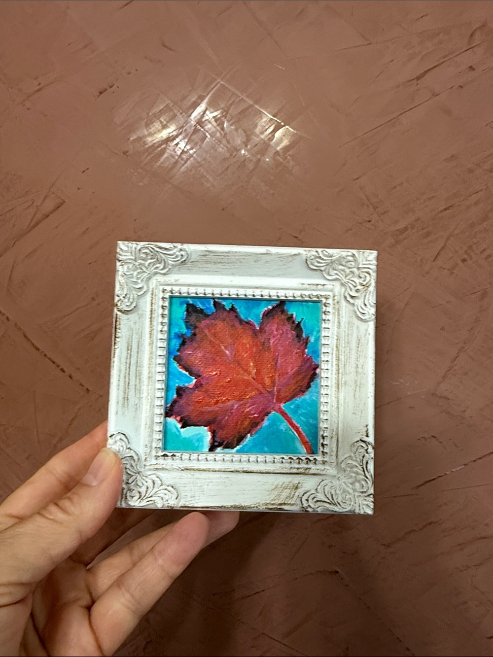 Autumn is here! Hand-Painted Red Maple Leaf Mini Wall Art, framed